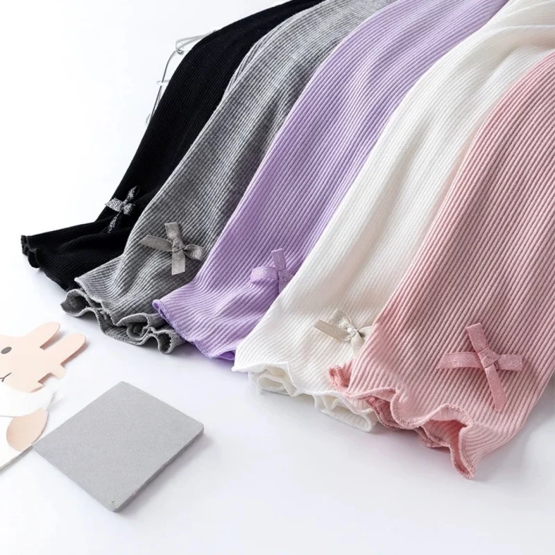 2026 Summer Kids Cute Seven Point Leggings 3-10Y Girls Solid Color Bow Waist Elastic Breathable Pants Children Clothes view 4
