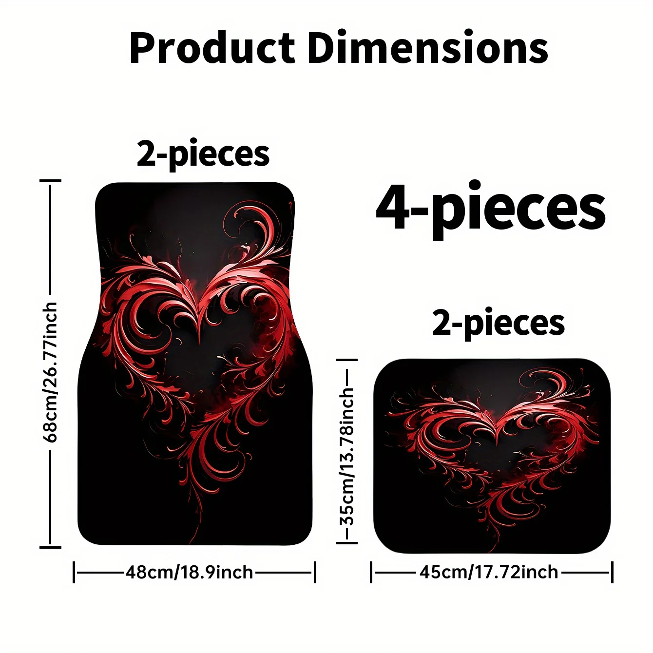 A Set Of Four Heart-Shaped Red Patterned Printed Car Mats, Front And Rear Carpets, Interior Additions For Vehicles, Suitable For
