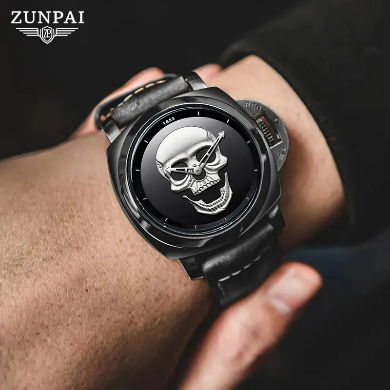 ZUNPAI Original Watch for Men Waterproof Sport Fashion Leather Strap Gold/Black Luminous Cool Skull Analog Quartz Wristwatches