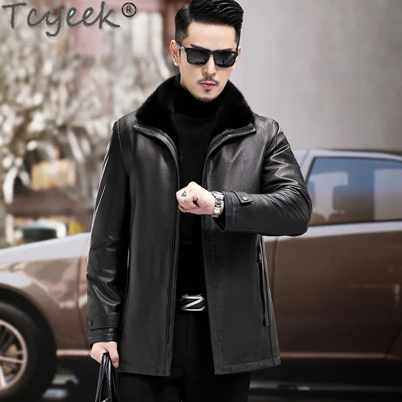 Tcyeek Genuine Leather Down Jacket Men Winter Jackets Mid-length Gaotskin Coats Whit Duck Down Coat Man Clothing Mink Fur Collar