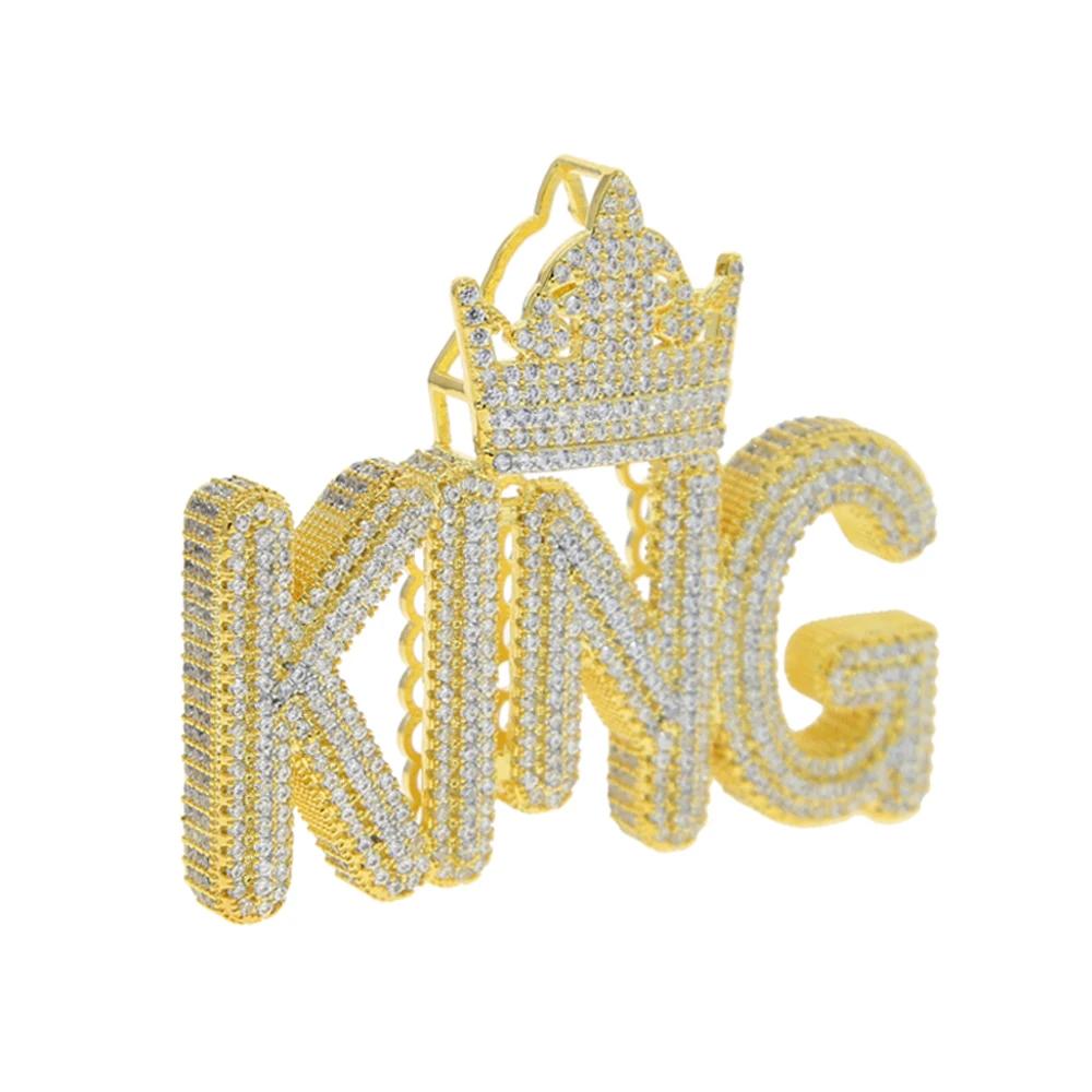 Iced Out King Necklace for Men Prong Setting Cubic Zirconia Gold Color Crown letters Pendant Hip Hop Jewelry