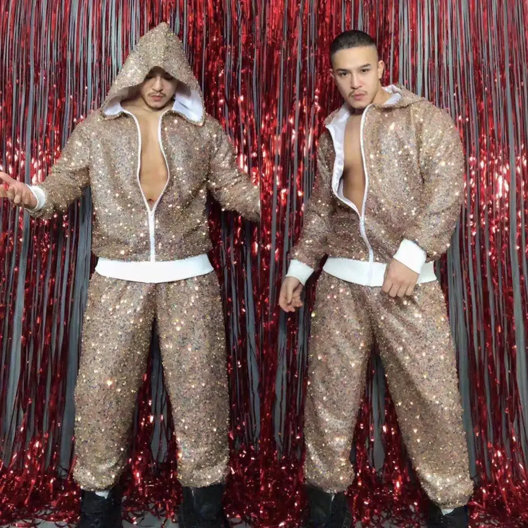 

Men's Loose Sequins Hooded Jacket Pants 2-Piece Set Rock Singer Hip Hop Dancer Stage Outfit Nightclub Bar Performance cloth