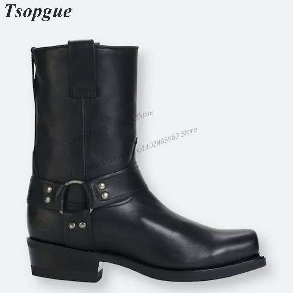

Mid Calf Black Leather Belt Square Toe Men's Boots Shoes For Men Slip On Luxury High Quality Party Casual Fashionable Men Boots