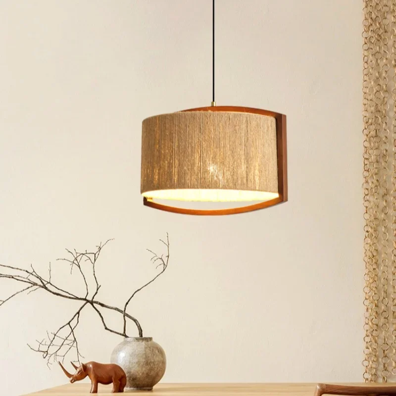 Japanese Wabi Sabi style Hemp Rope Pendant Light Solid Wood Restaurant Island Table Living room Bedroom Study Original Creation