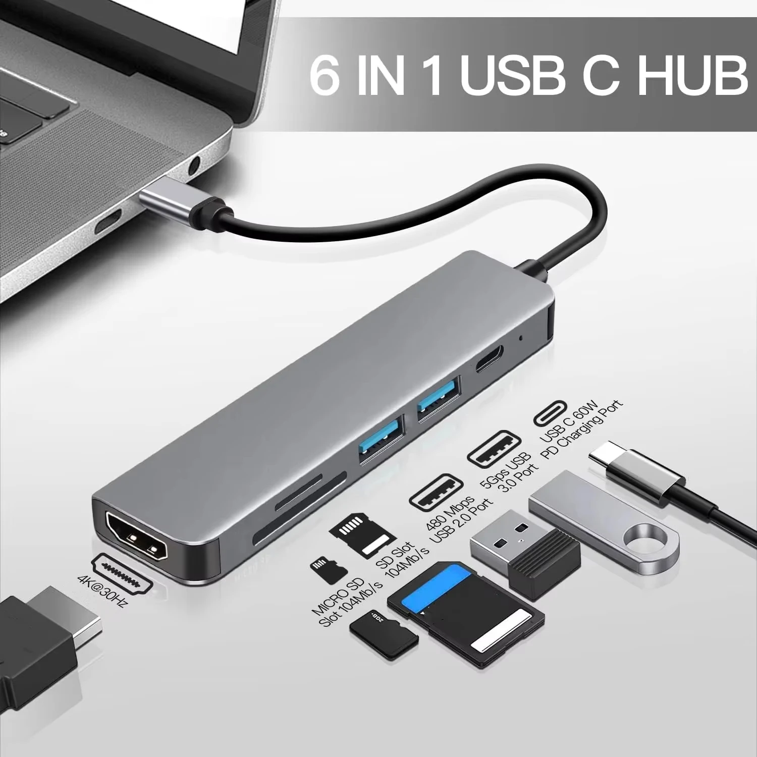 6 in 1 USB C Hubs Type C to 4K HDMI-compatible PD 87W Charging Docking Stations SD TF Card Reader Splitter For Macbook Computer