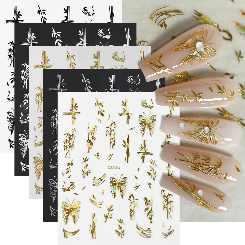 

1pc 3D Metallic Silver Gold Bamboo Nail Art Stickers , Bronzing Butterfly Ink Bamboo Design Chinese Style Manicure Decals Slider