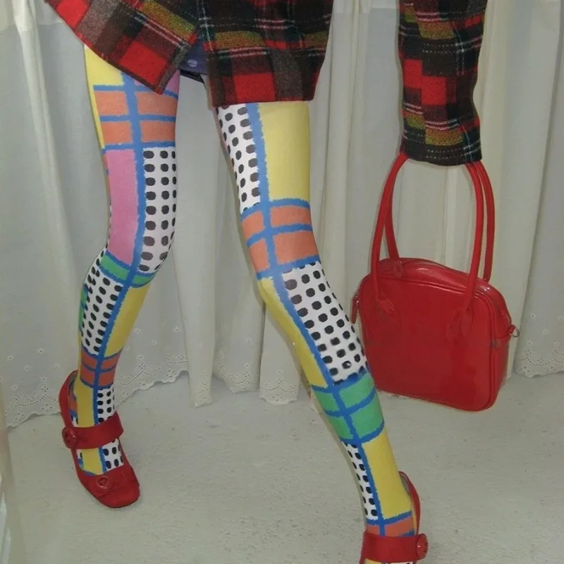 Y2K Mondrian Grid Polka Dot Velvet Sheer Tights for Women , Colorful Patchwork Stretch Full Length Pantyhose Street Leg Hosiery