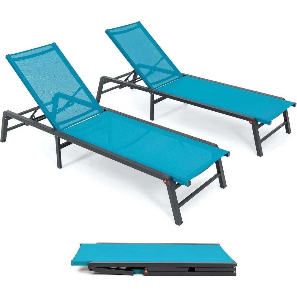 

Outdoor Chaise Lounge Chair Set of 2, Assemble-Free Aluminum Poolside Lounge Chairs for Outside Sunbathing, Backyard Lay Flat Ou