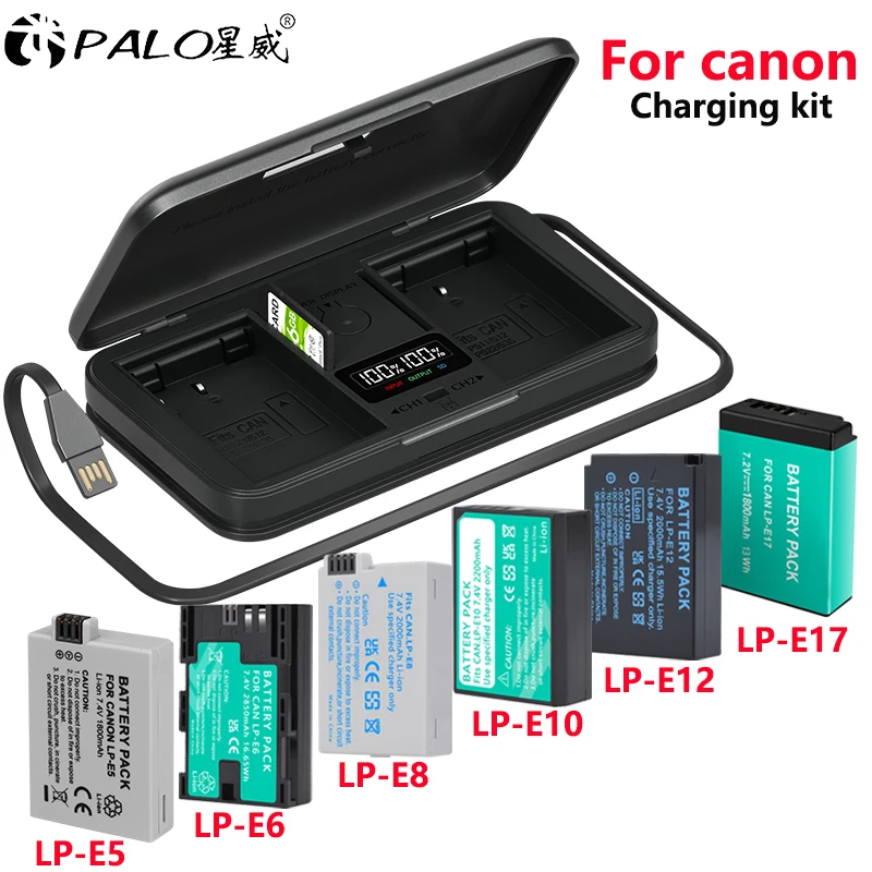 2PCS LP-E6 LP-E8 LP-E10 LP-E12 LP-E17 LP-E5 Battery+LCD Smart Charger Case Charging kit for Canon LP E5 E6 E8 E10 E12 E17 Camera