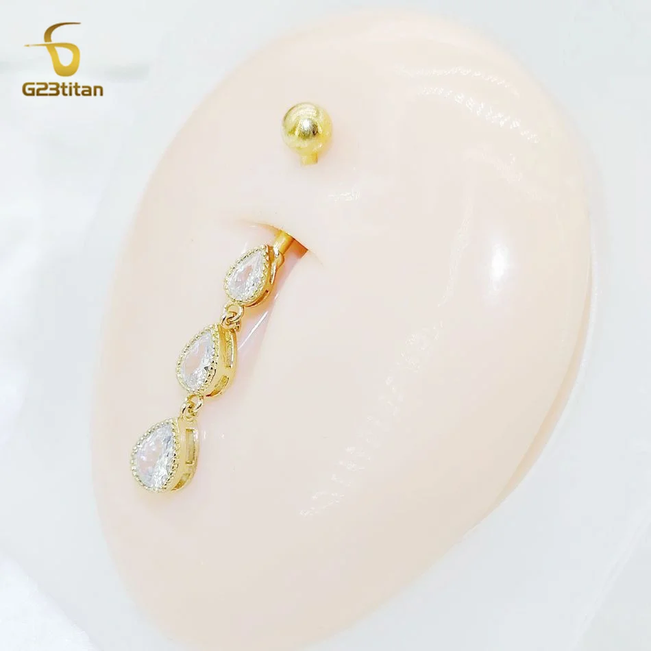 G23Titan Long Water Drop Navel Ring CZ Zircon Dangle Belly Button Piercing Jewelry 14G Titanium Curved Barbell Pircing Nombril