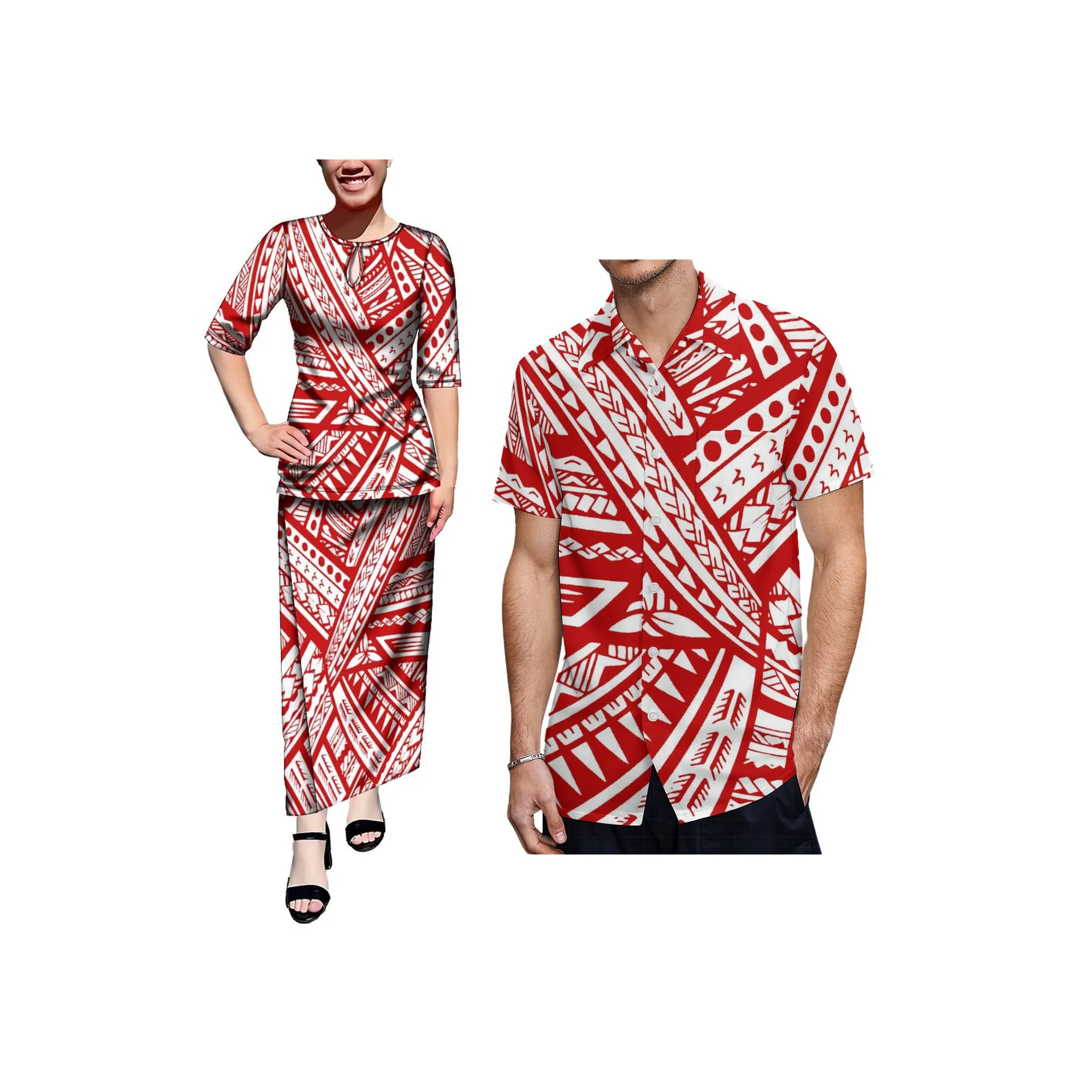 1MOQ Polynesian Print Water Drop Design Ladies Half Sleeve Long Dress Puletasi Samoa  Dress Top And Skirts Two Piece Set