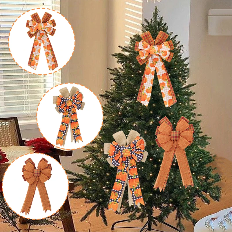 1Pc Fall Wreath Bow Thanksgiving Wreath Bow Pumpkin Orange Bowknot Farmhouse Tree Topper Decoration Autumn Harvest