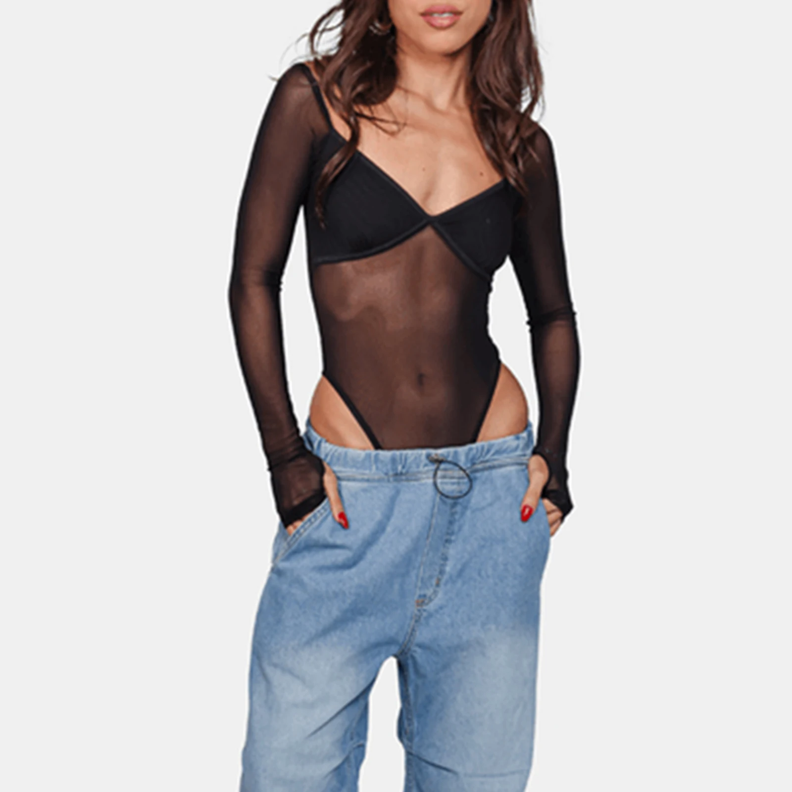 Mono de manga larga con cuello en V para mujer, ropa de discoteca Sexy, ajustado, transparente, Verano