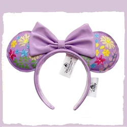 Disney Mickey Mouse Ears Headband Cartoon Light Purple Embroidered Flowers PU Leather Bow Adults/Child Disneyland Ear Hairband