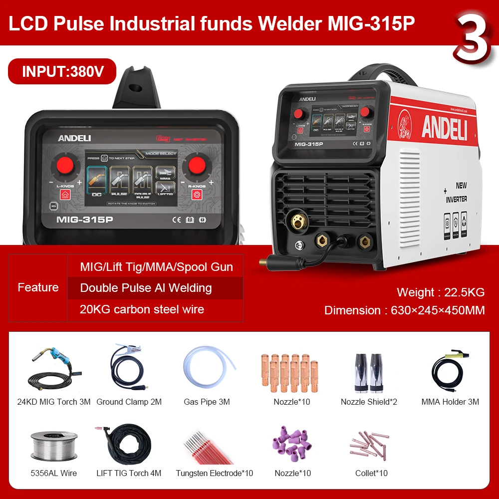 ANDELI New Arrival MIG-315P 380V  300A LCD 5 in 1 Double Pulse MMA DC TIG  LIFT TIG  MMA Welding Machine Accomodate 15kg Spool