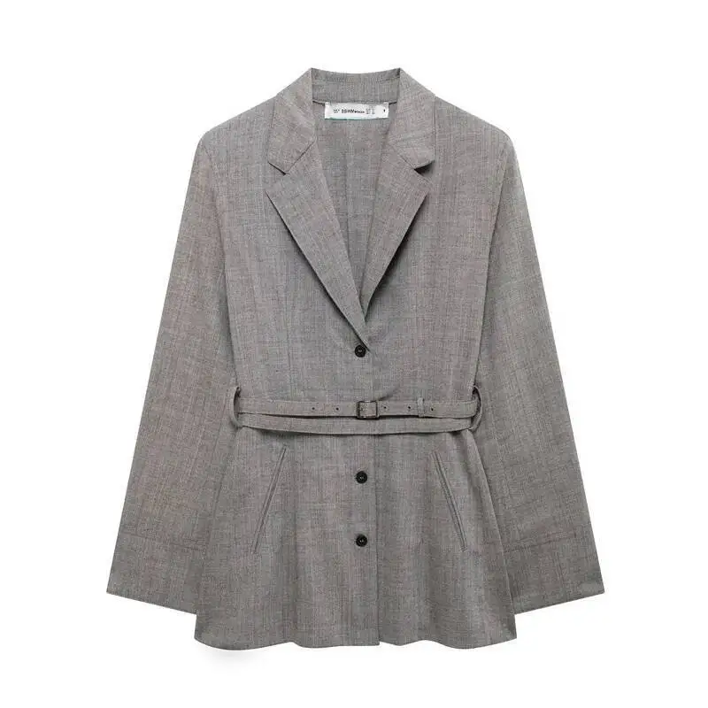 

Slim-Fit Blazer With Belt Single Breasted Loose Long Sleeve Gray Suit Jacket Female Autumn Outwear Chic Coat For Women 2025