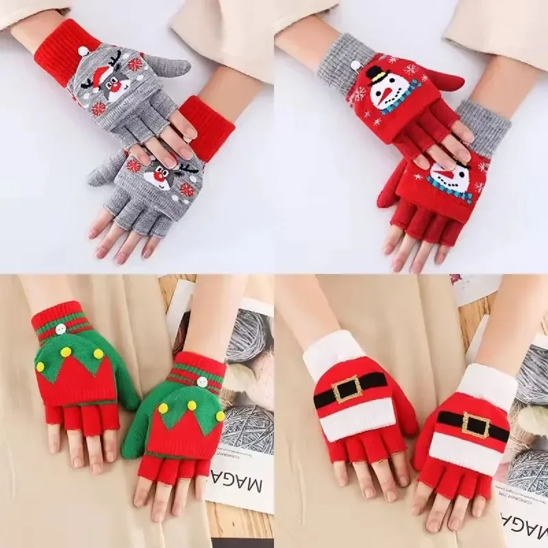 Cute Christmas Convertible Flip Gloves, Warm Knitted Half Finger Mittens For Holiday Party Cosplay And Gifts