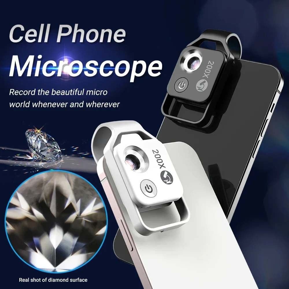 

200X Cell Phone Microscope Accessory with CPL Lens, Portable Mini Digital Microscope with LED Light/Universal Clip