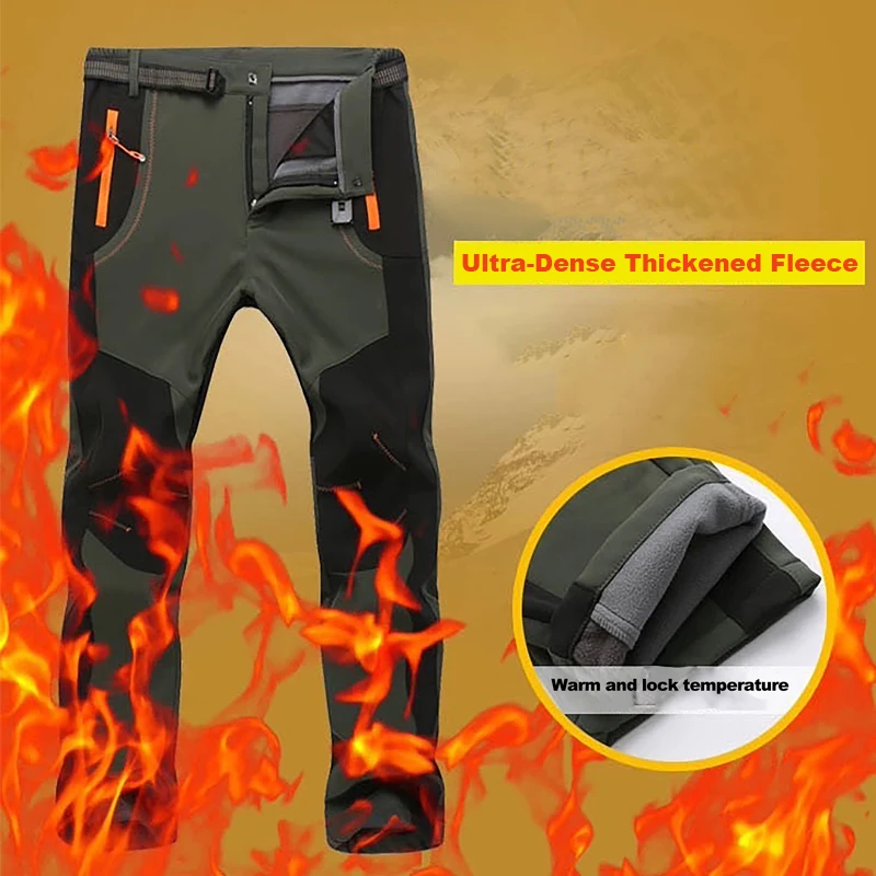 JNLN Men Winter Fleece Pants Warm Waterproof Hiking Pants Outdoor Camping Climbing Skiing Soft Shell Windproof Rain Trousers