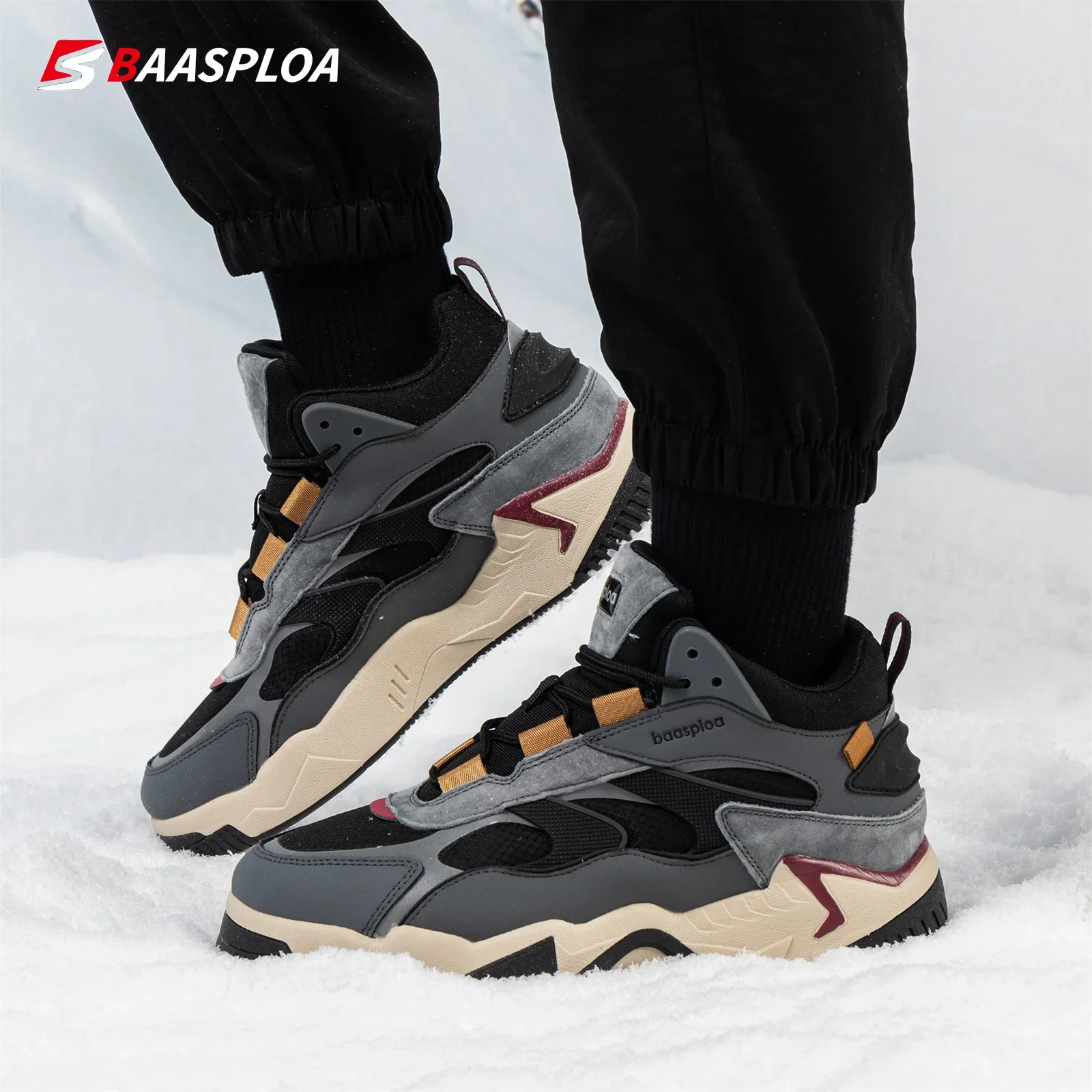 Baasploa Men Winter Sneakers Leather Waterproof Casual Sneakers Male New Plush Warm Sport Shoes Comfort Walking Shoes Non-Slip