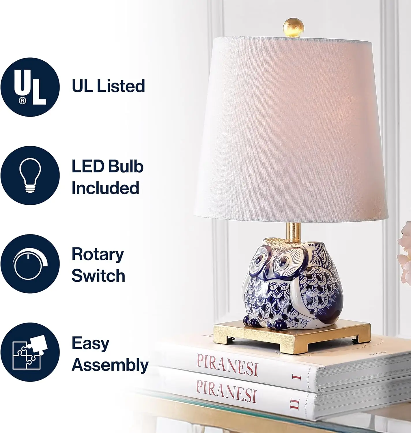 Lampada da tavolo a LED in ceramica Justina da 16', blu/bianco, per camera da letto, soggiorno, ufficio, dormitorio, tavolino da caffè