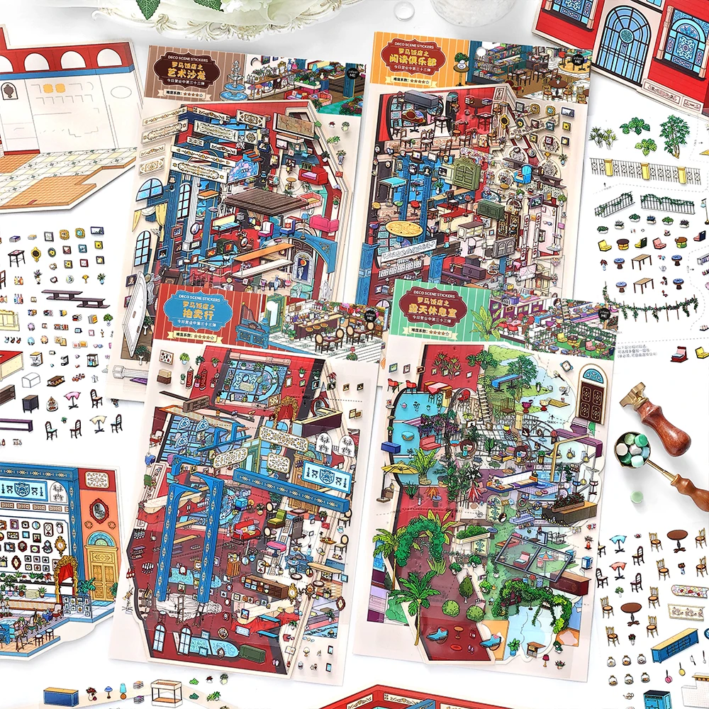 Card Lover 4 Pcs [Roman Hotel Series] Landscape Sticker Sheet for Scrapbooking Journaling with Auction House and Open Air Lounge