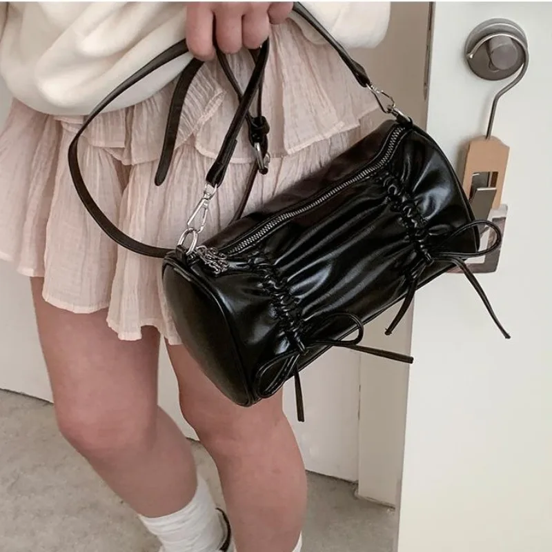 Xiuya Pleated Pink Women Shoulder Bag Bow Pillow Leather Sweet Elegant Fashion Handbag Gentle Casual Exquisite Ladies Armpit Bag