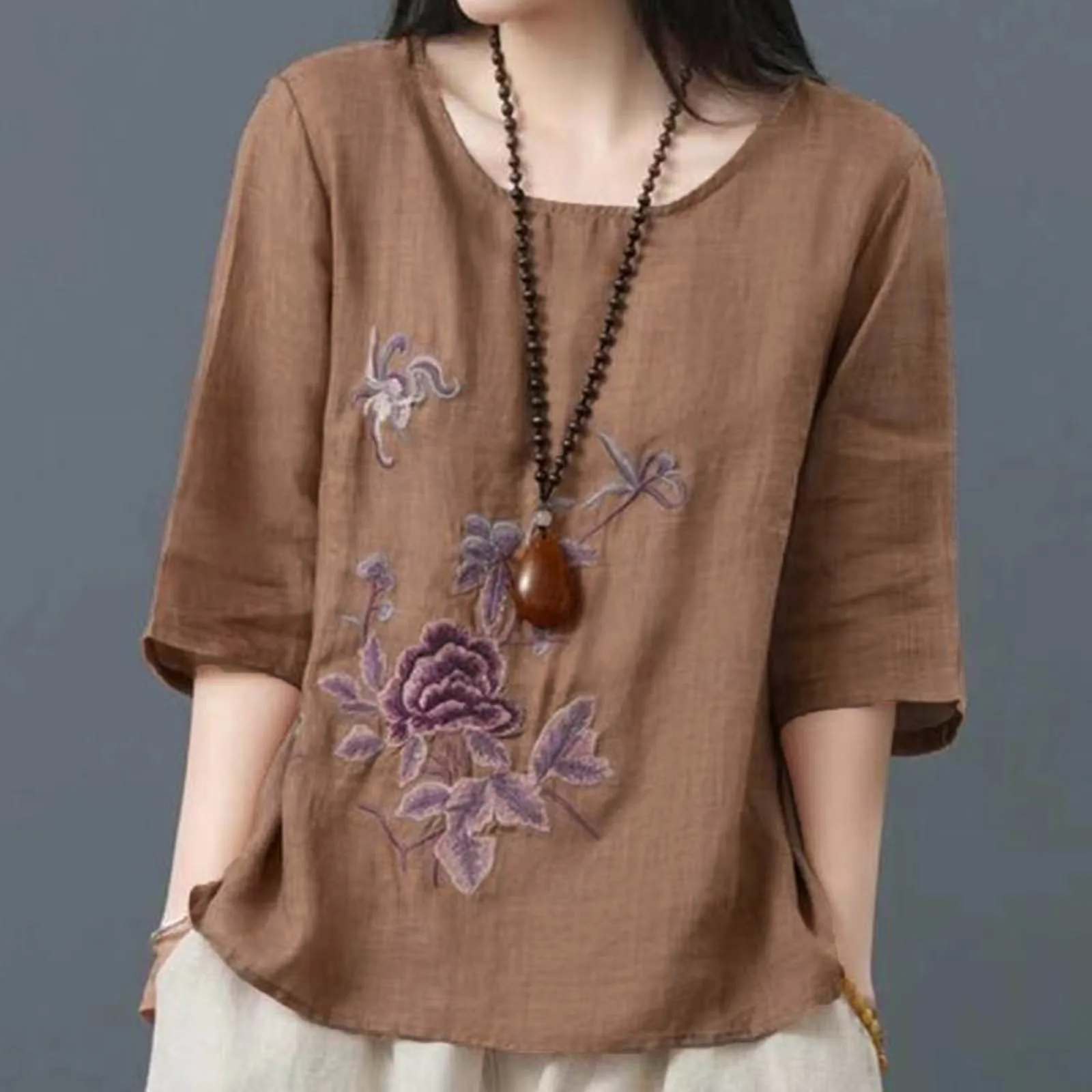 Summer New Fashion Loose Blouse Casual Floral Print Cotton Linen Comfortable Short Sleeve Pullover Top Women All-match Tee