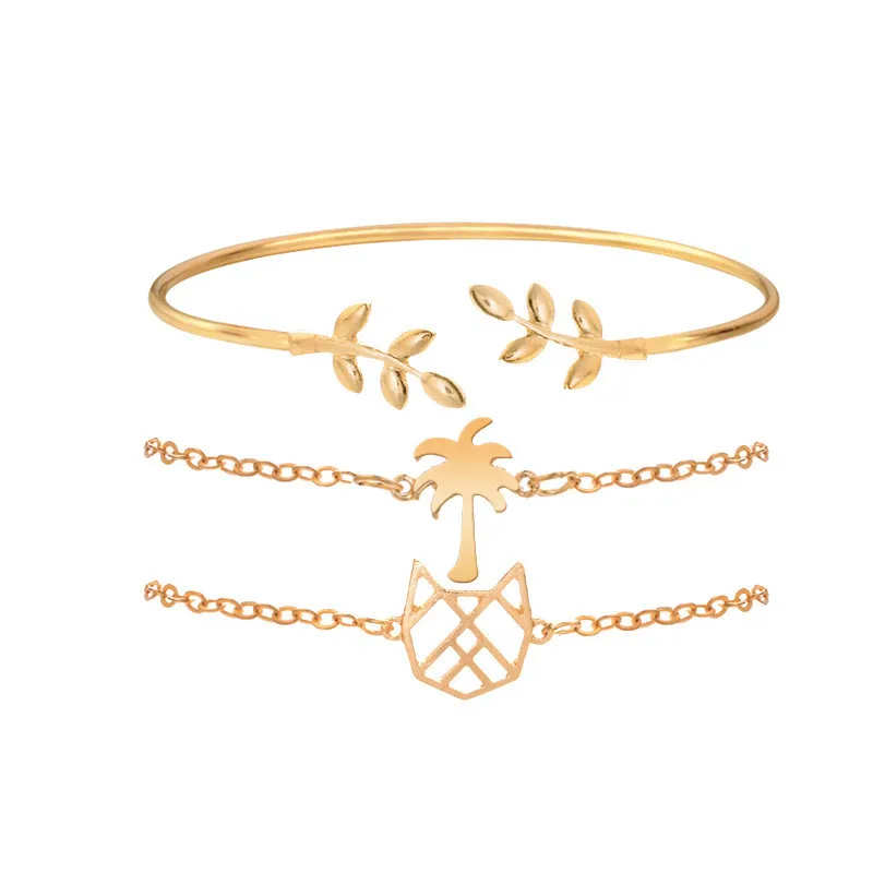 3Pcs/Set Coconut Tree Bracelets Set Gold Color Charm Bracelets Punk Open Leaf Cat Bangles For Women New Fashion Boho Jewelry