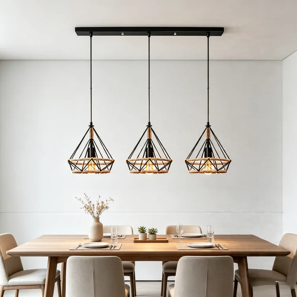 3 Heads Retro Industrial Chandelier American Diamond Wrought Iron Hemp Rope Pendant Lamp For Dining Table Restaurant Decor Lamp