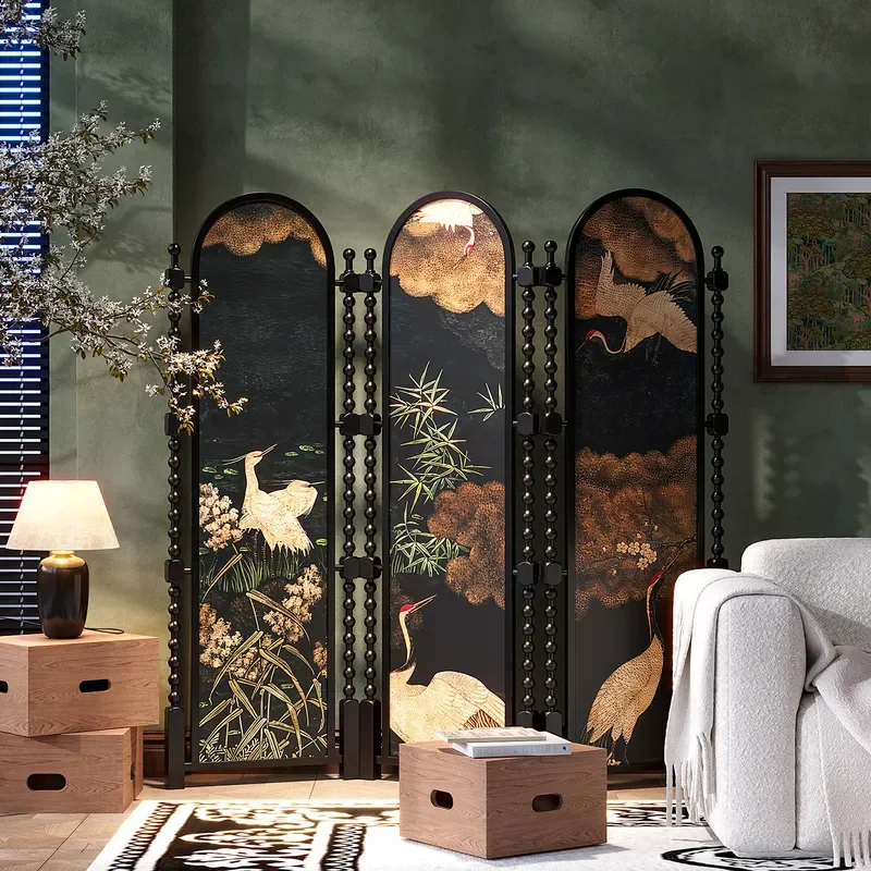 for French Medieval Style Folding Screen Solid Wood Living Room Sofa Decoration Foldable Mobile Partition Retro Live Stream