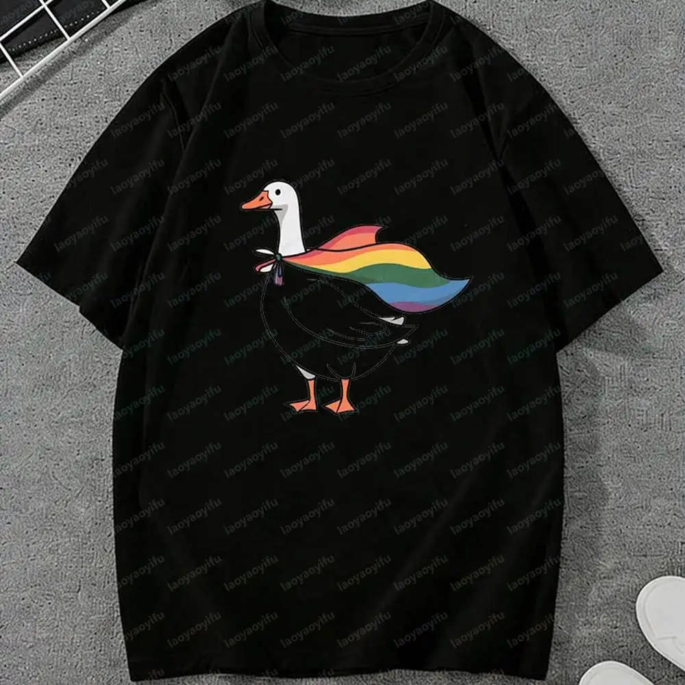 LGBT Rainbow Cape Goose T Shirt for Men Women Casual White Short Sleeve Graphic Tees Pride Kawaii Animal Streetwear Summer Tops