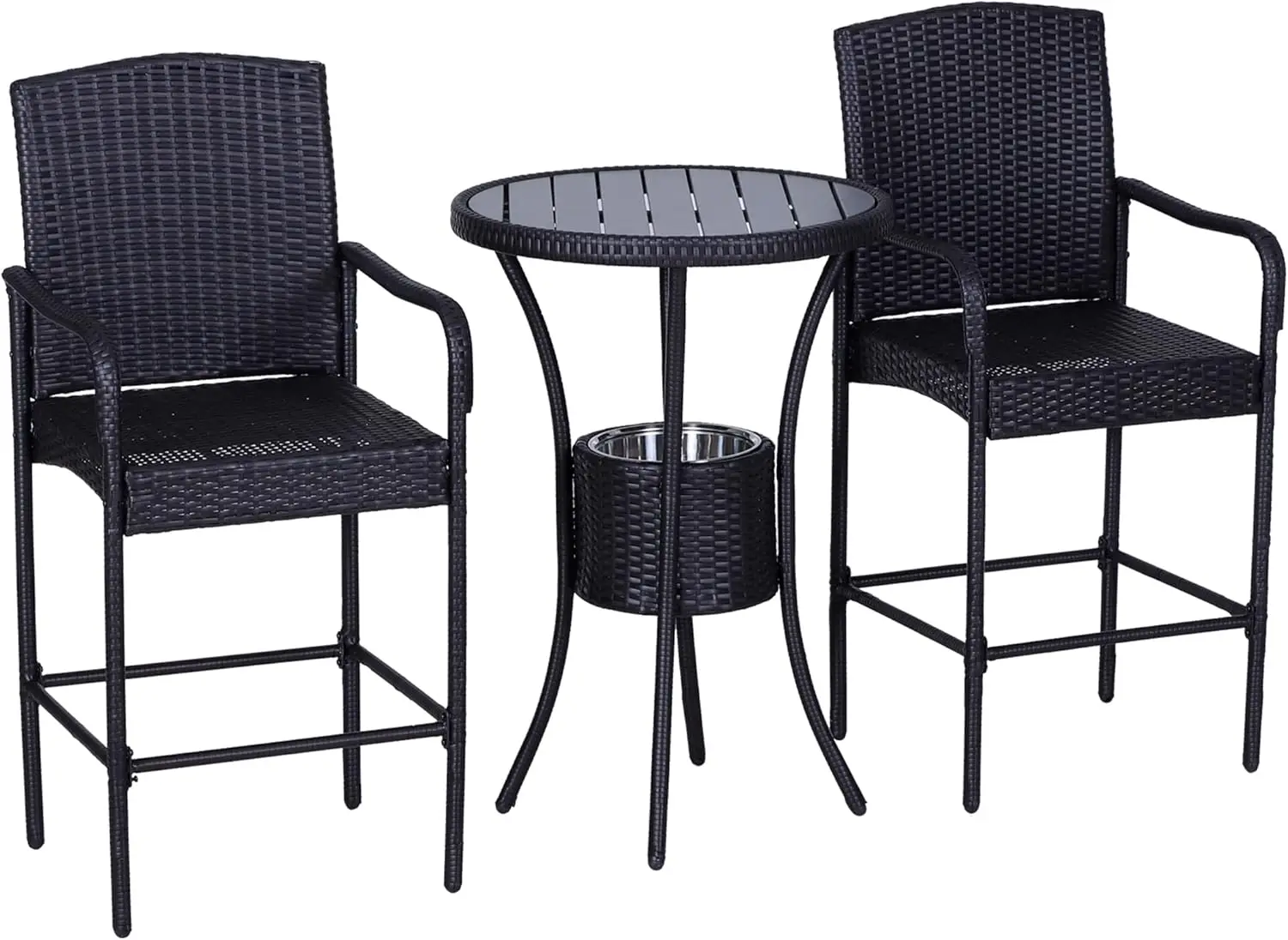 

Rattan Wicker Bar Set for 3 PCS with Ice Buckets, Patio Furniture with 1 Bar Table and 2 Bar Stools for Poolside, Backyard