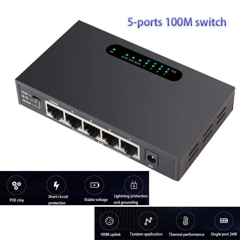 

RJ45 Hub 5-ports 100M POE Switch VLAN Internet Splitter Full Auto Game Loading Adapter Fast Ethernet Network Switch power supply