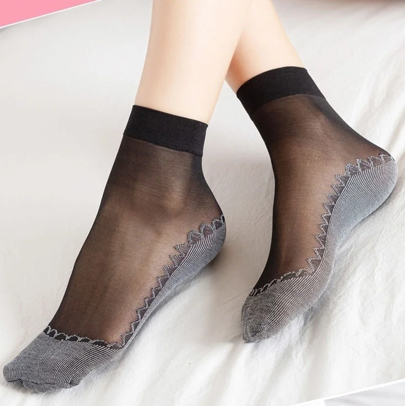 20Pcs=10Pairs Transparent Silk Socks Female Velvet Short Lace Skin Socks Mesh Elastic Crystal Patchwork Ankle Non-slip Socks