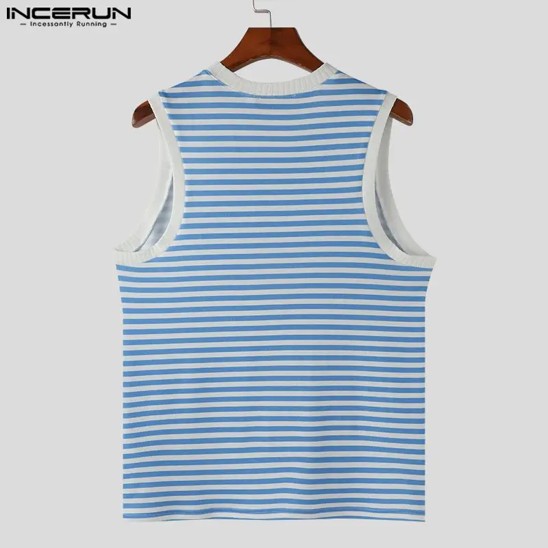 INCERUN Tops 2024 Korean Style New Men\'s O-neck Contrast Striped Printed Tank Tops Summer Streetwear Male Sleeveless Vests S-5XL