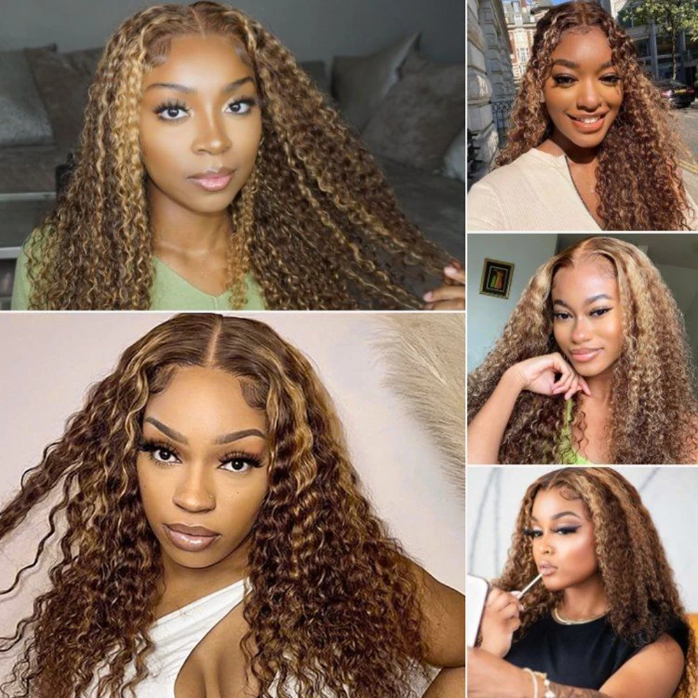 200% Density Kinky Curly Highlight Wig 13x4 Transparent Lace Frontal Human Hair Wigs With Baby Hair Piano Color Lace Closure Wig