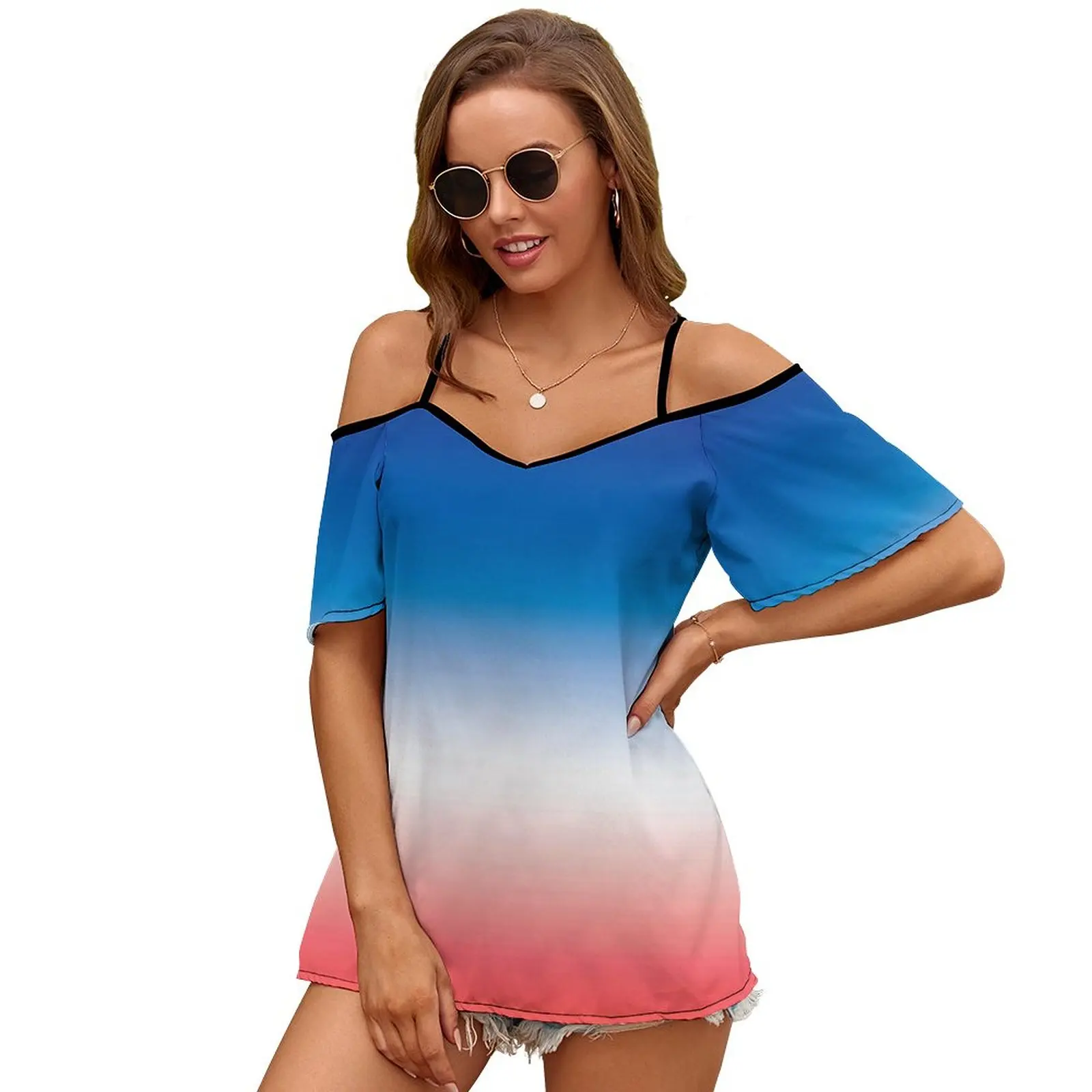 Red White Blue Ombre Gradient Tie Dye Print O-Neck Off-The-Shoulder Top Short-Sleeved T-Shirt Ladies Streetwear Usa America