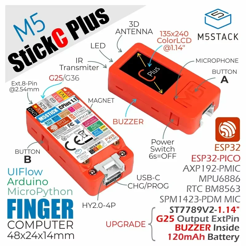 Официальный M5Stack M5StickC PLUS-PLUS2 с аксессуарами для часов Мини-комплект для разработки IoT 1,14-дюймовый TFT-экран Контроллер IoT