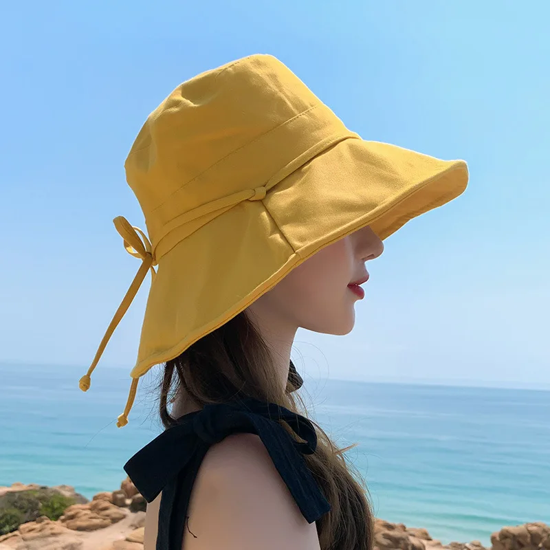 Summer New Women Bucket Hat Solid Color Bows Soft Cotton Outdoor Sun Hats Beach Panama Caps Wide Brim Fishermen Hats