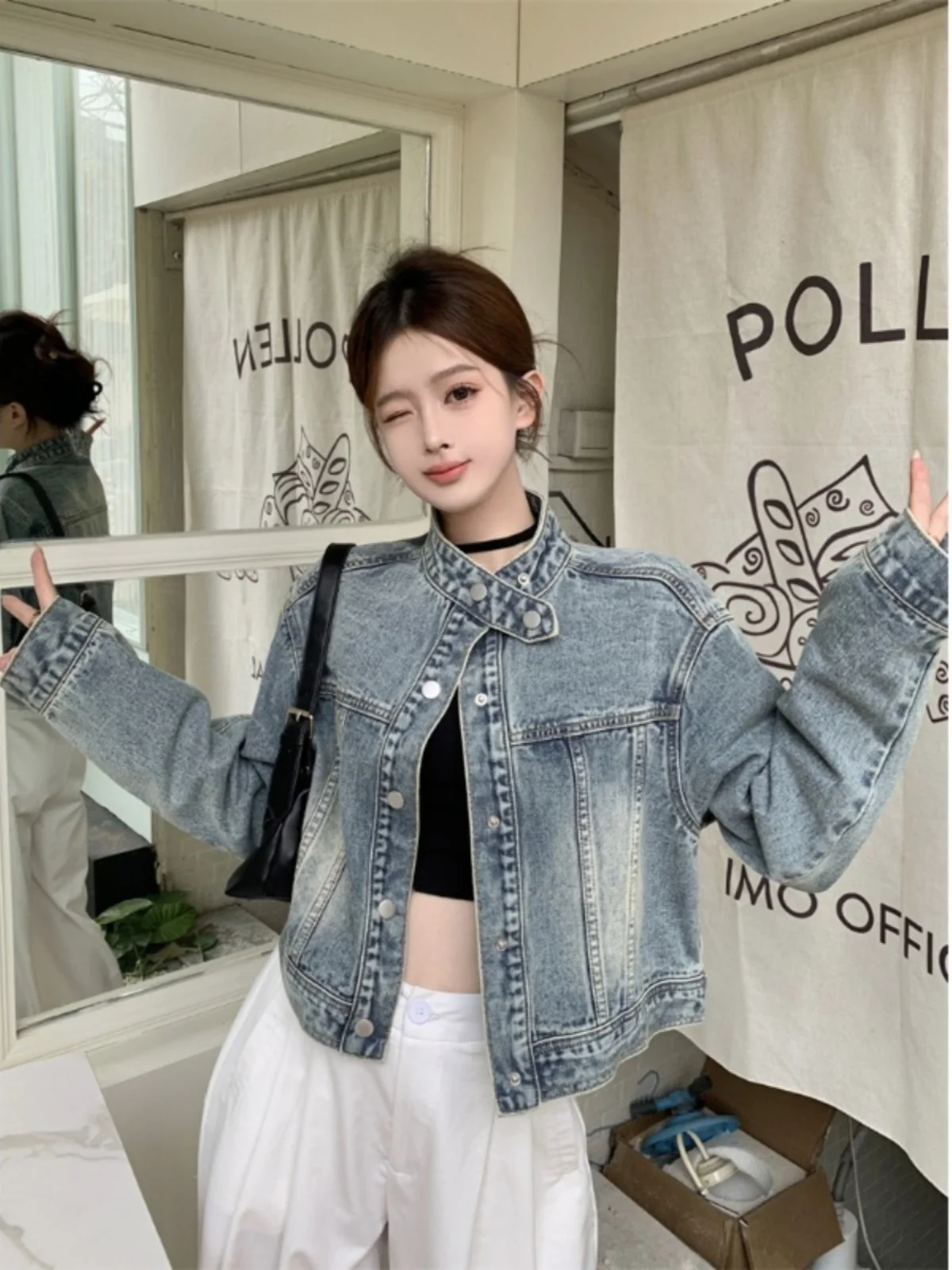 Cappotti di jeans unisex da donna autunno ampia cintura a costine bottone a pressione abbigliamento sportivo cappotti collo alto misto patchwork ricamato Y2K