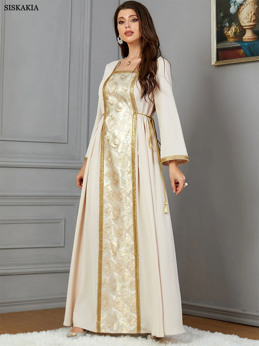 Siskakia Fashion Dubai Abaya Muslim Woman Kaftan With Belt Square Collar Moroccan Saudi Long Dress Elegant Robe Clothing 2024