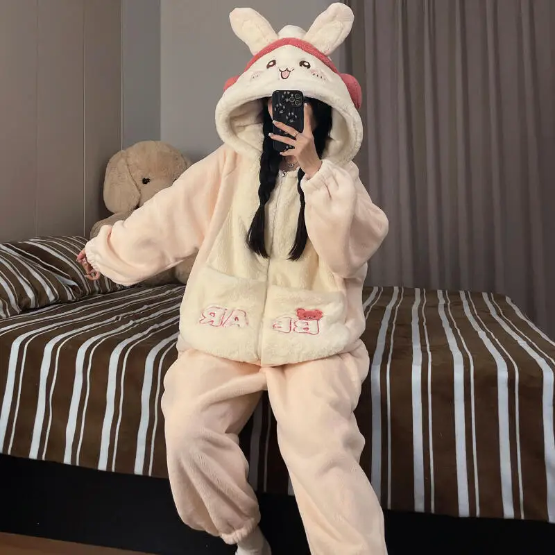 Anime Chiikawa Hooded Flannel Pajamas Winter All-In-One Pajamas Home Clothes Girls Cartoon Homewear Coral Fleece Sleepwear Gifts