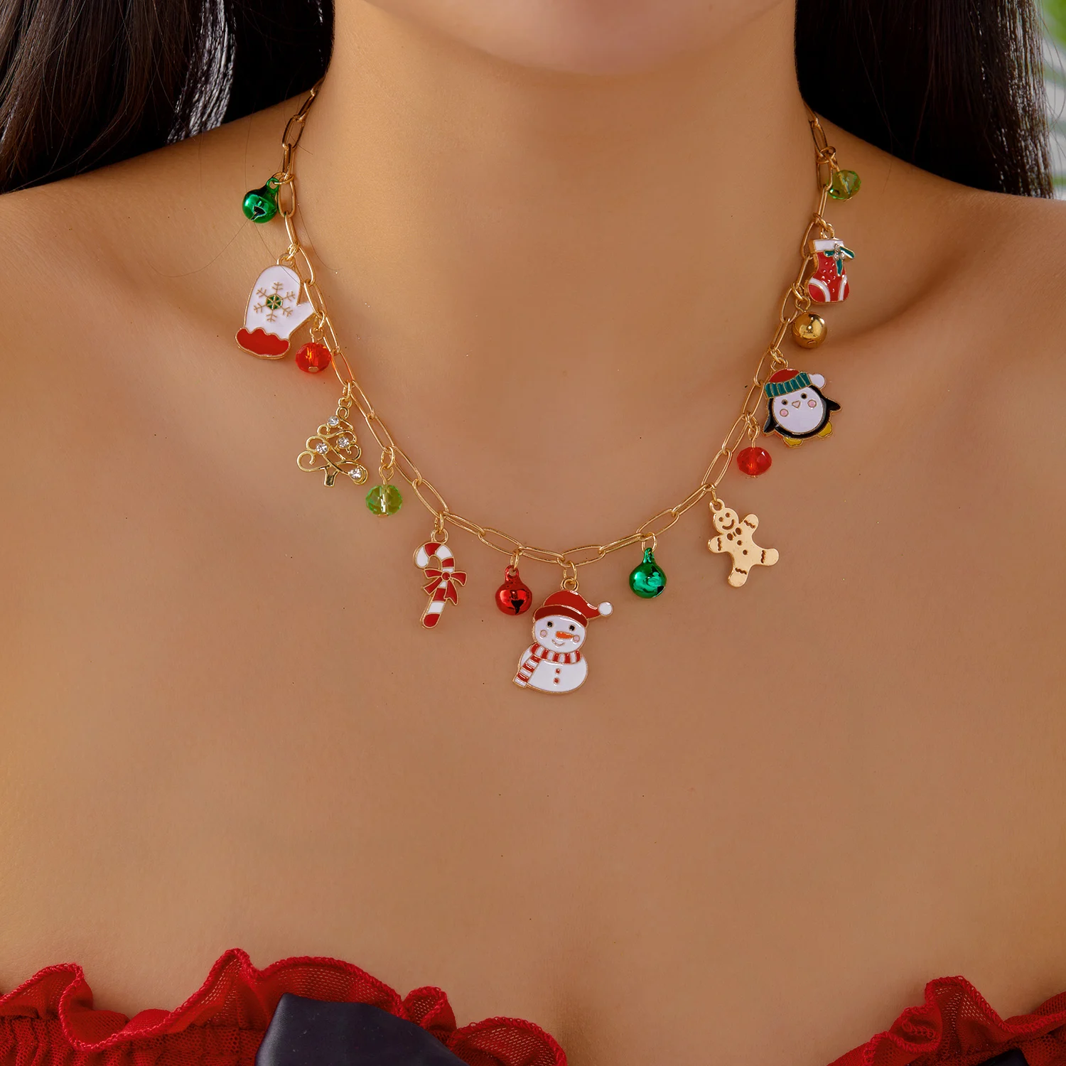 Klassische handgemachte Weihnachtsbaum Schneemann Rohr Halskette für Frauen trendige goldene Farbe Santa Schneeflocke Halskette Schmuck Zubehör – Detail 6