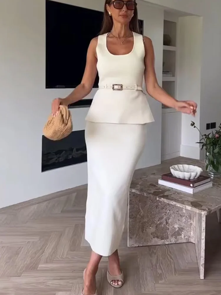 HH Set gonna lavorata a maglia da donna Chic O-Collo senza maniche Decorazione cintura Canotta solida Top + Gonna longuette con spacco sull'orlo elastico in vita alla moda