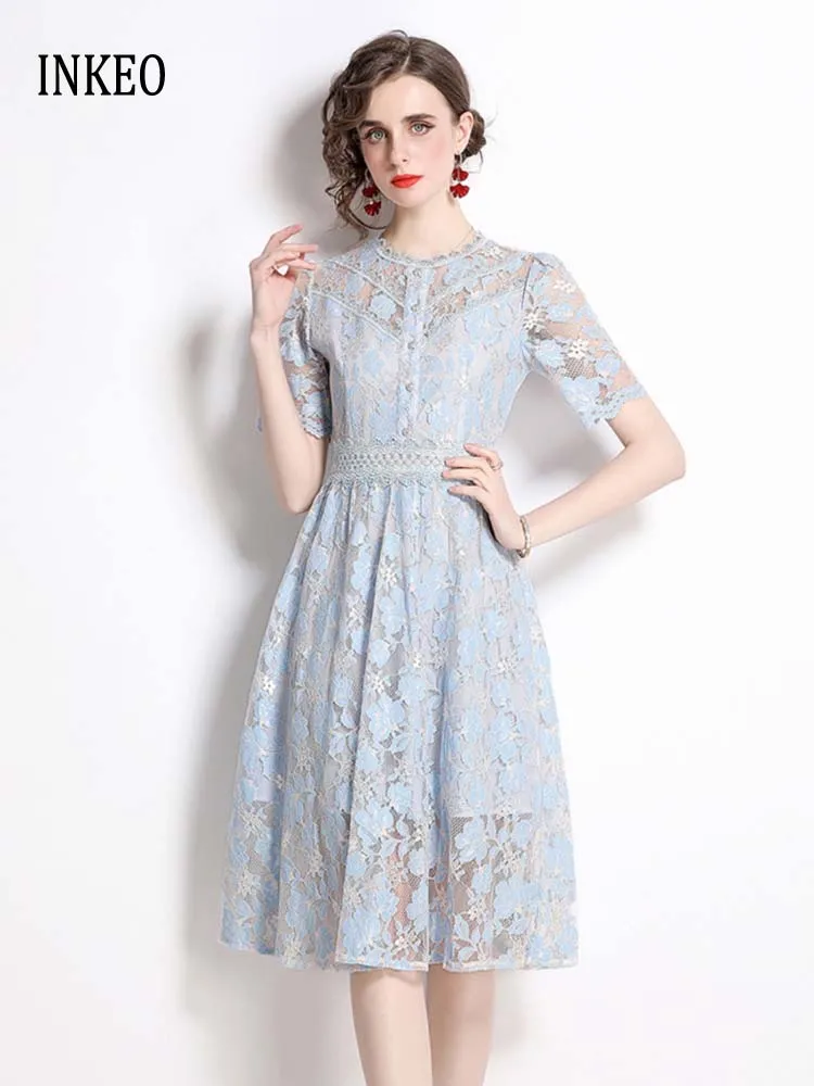 Blue Lace Midi dress for women 2024 Summer Elegant Short sleeve O-neck dresses Vintage France style clothing Party INKEO 4D089