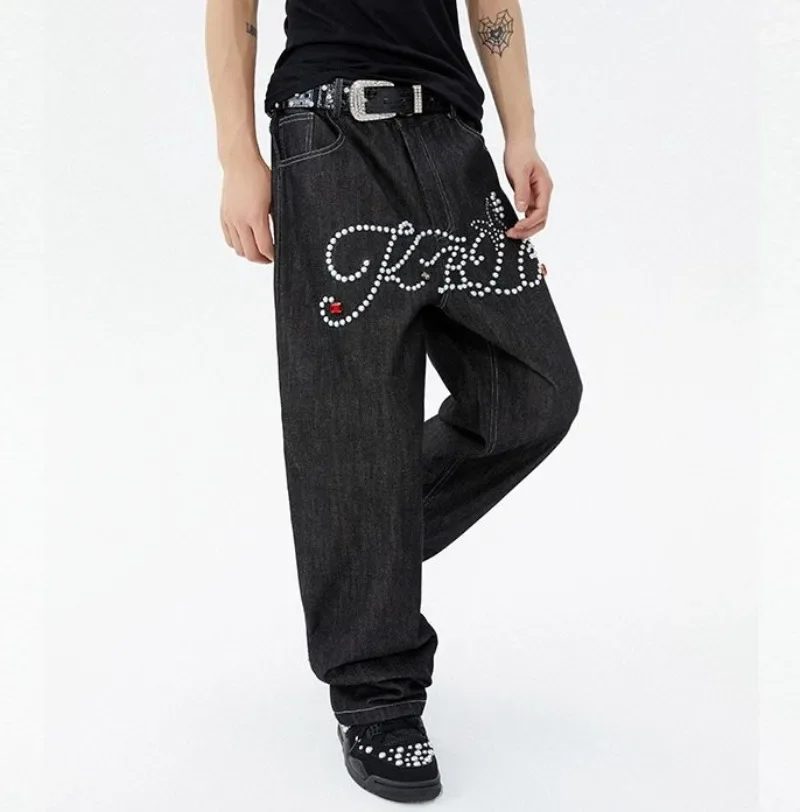 High Street Y2k Pants Men Wide Leg Shining Stone Baggy Pants Hip Pop Harem Balck Jeans for Men Ropa Hombre