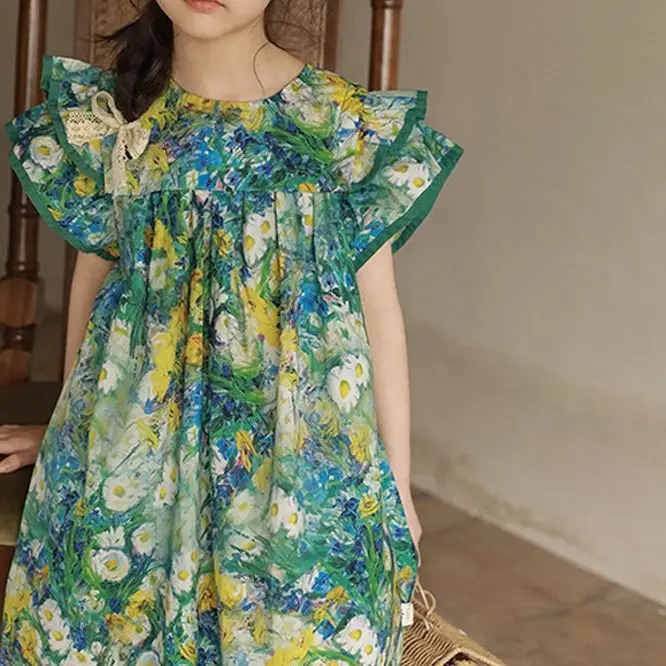 Summer Children's Dress Girls' Multi Layered Flying Sleeve Flower Dress Rural Oil Painting Romantic Style Princess Dress