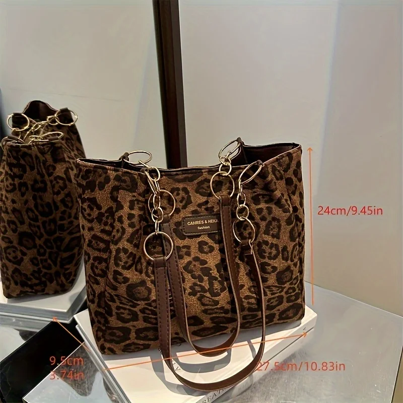 Vintage Leopard Print Handbag Stylish Brown PU Tote Shoulder Bag, Perfect for Women Shopping, Commuting, Office, College, Travel image 3
