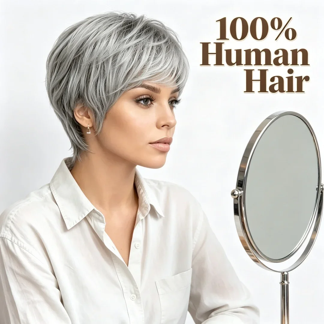 新着女性ライトグレーストレートショートバージンヘアウィッグ6インチ150密度フルマシンブラジルレミーウィッグ